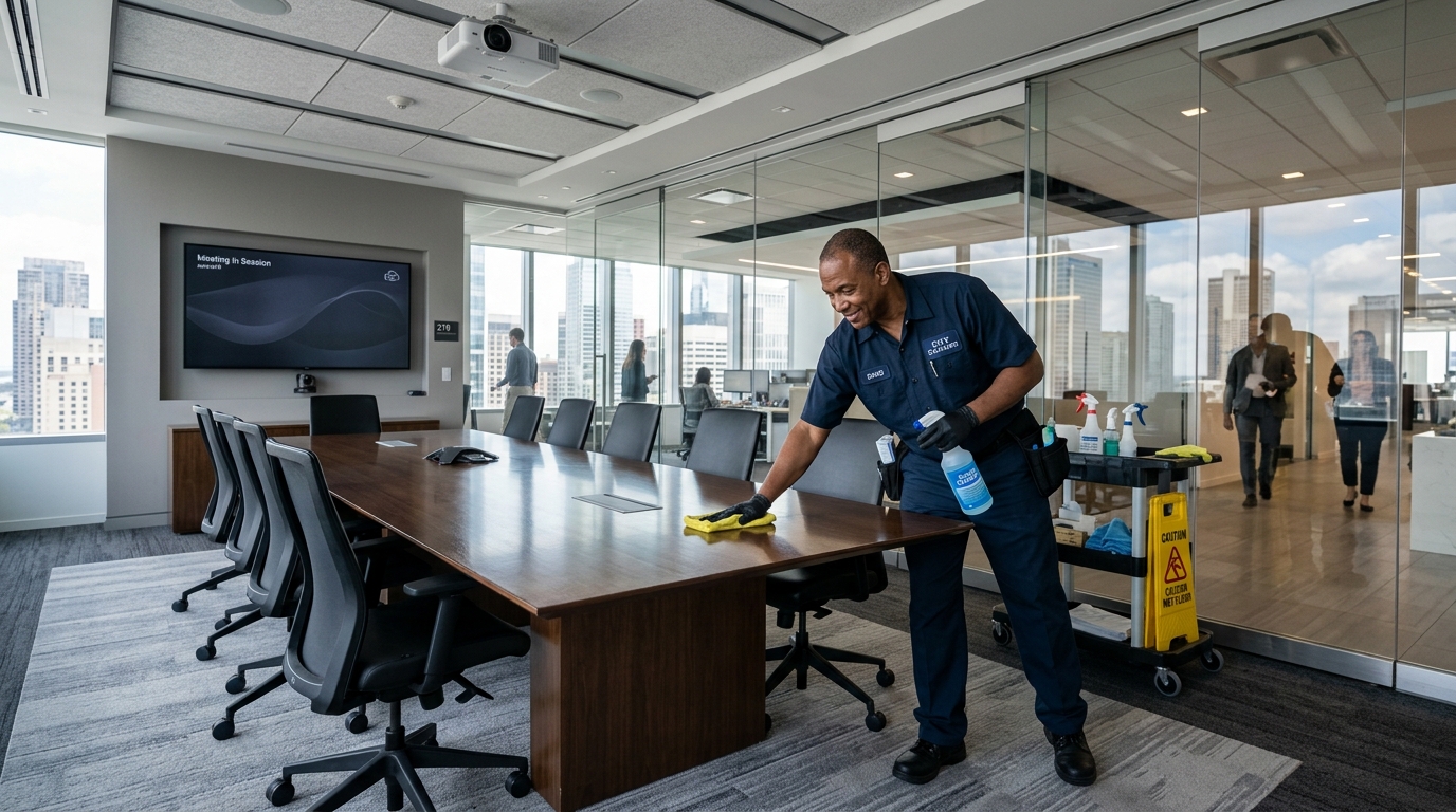 KLEENCOMP janitorial specialist maintaining commercial hard floors and facility spaces
