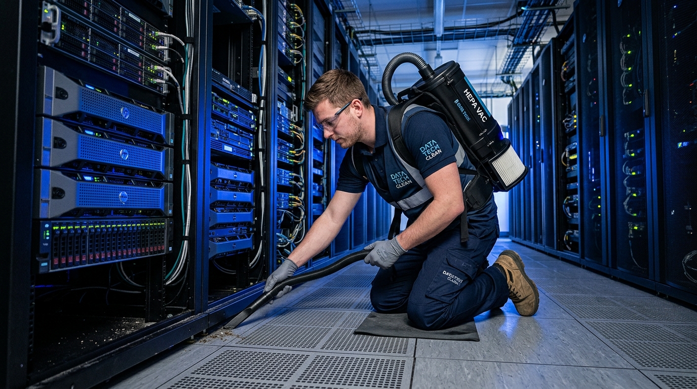 KLEENCOMP technician vacuuming data center server racks with HEPA backpack vacuum