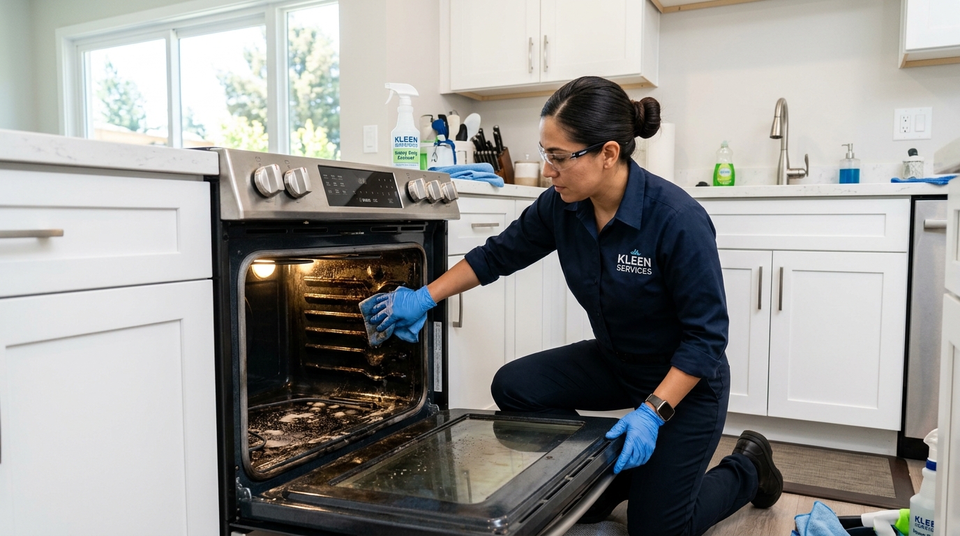 KLEENCOMP technician detailing and cleaning inside oven during intensive deep clean