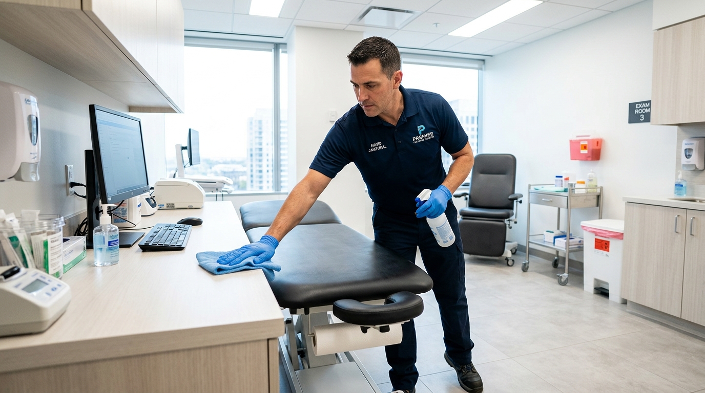 KLEENCOMP cleaner sanitizing exam table and counters in medical office suite