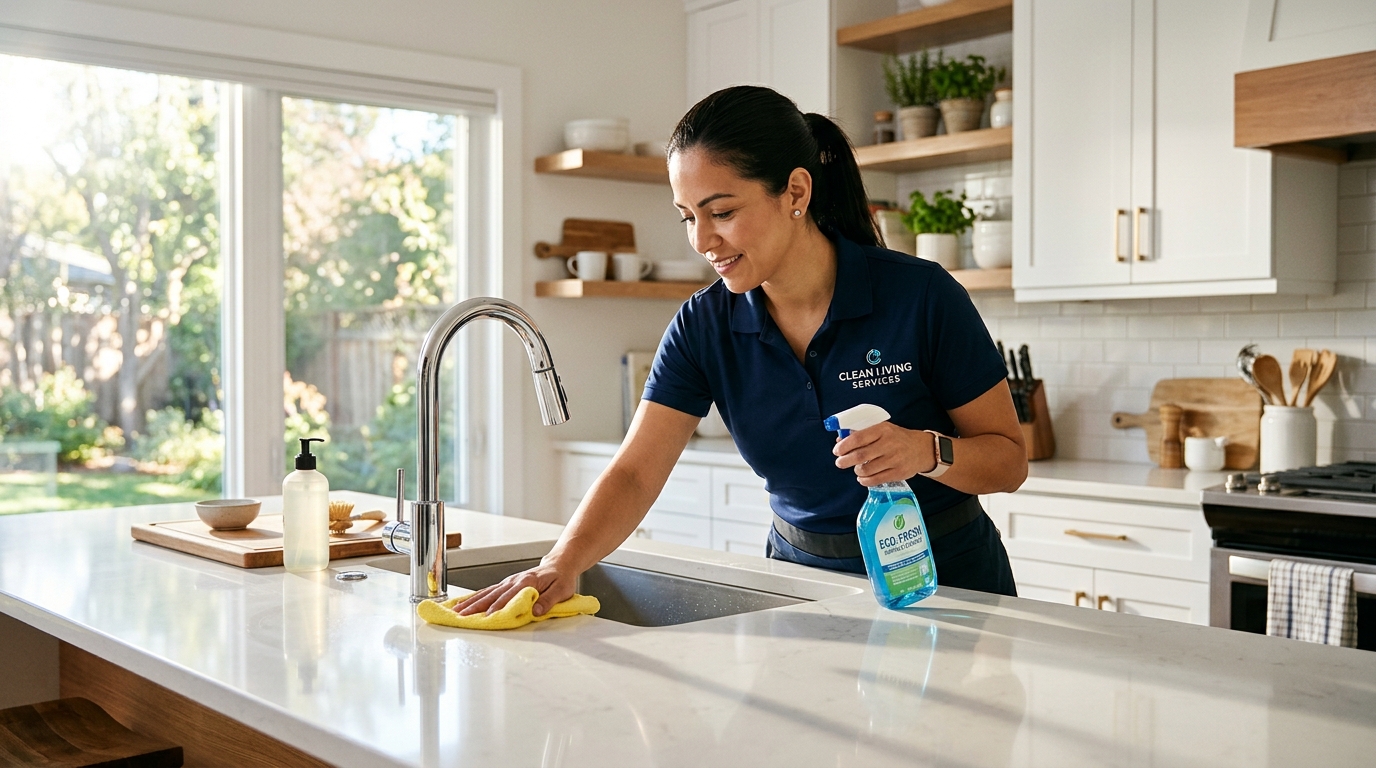 KLEENCOMP professional cleaner sanitizing kitchen surfaces and sink in Delaware home